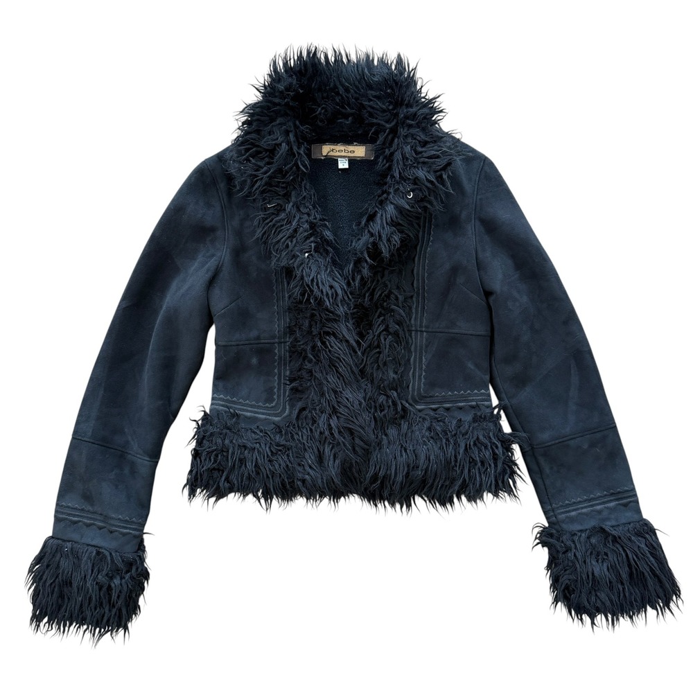 Bebe Vintage Y2K Faux Suede Shaggy Fur Trim Cropped Jacket S Black Penny Lane
